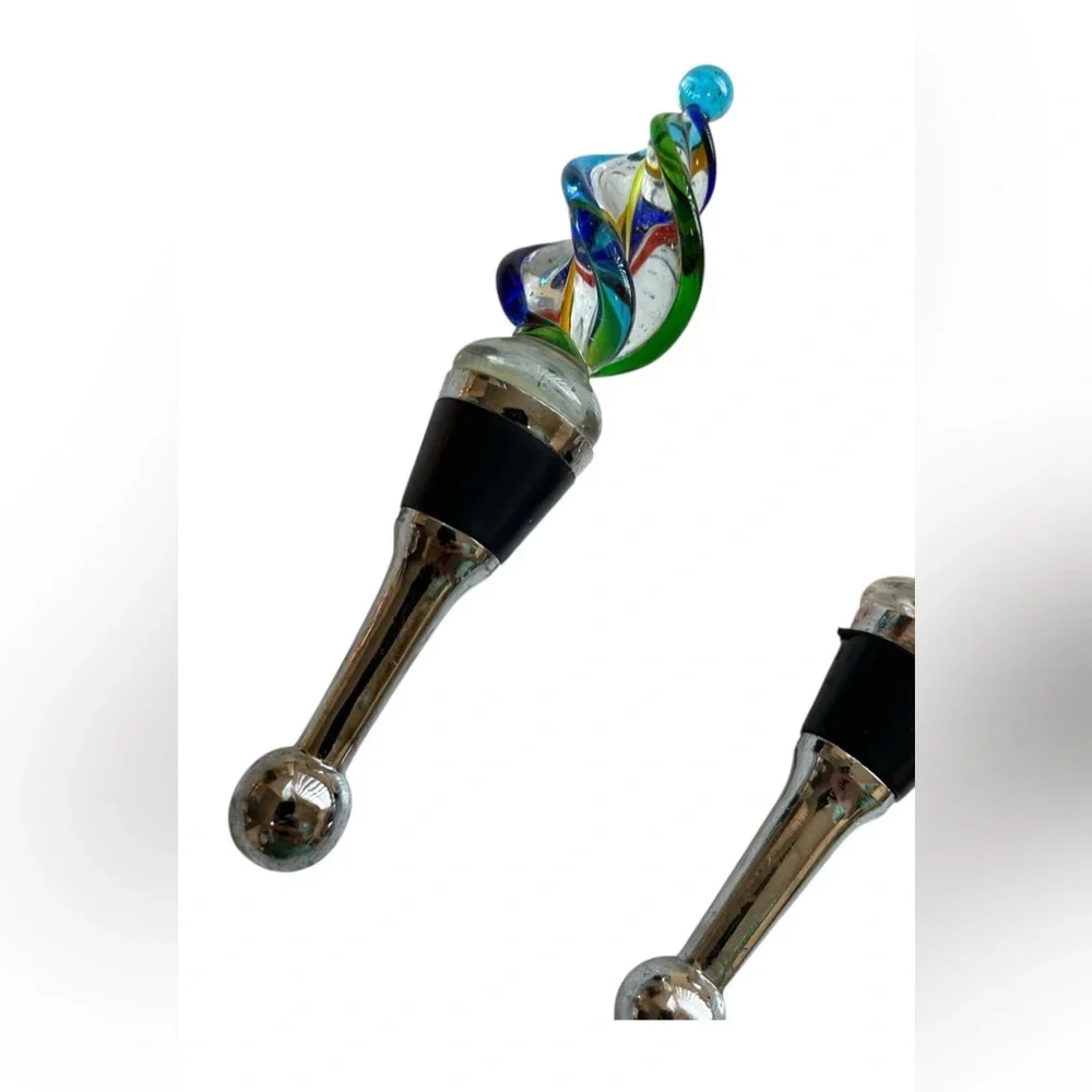 Hand Blown Art Glass Wine Bottle Stoppers Set of 2 Colorful Barware Gift Decor